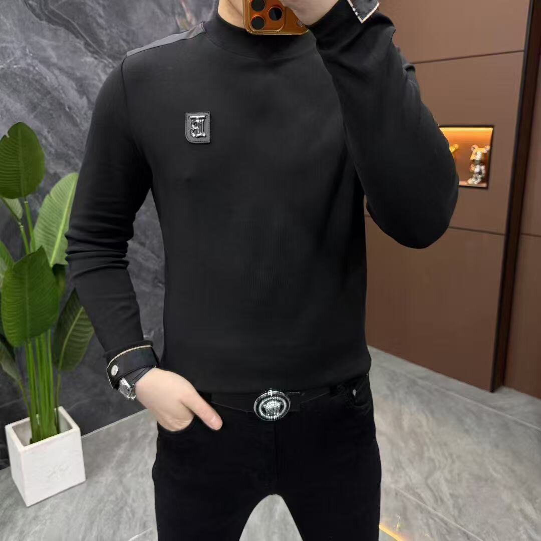 【现货】3988新款男士长袖T恤黑色半高领修身百搭打底衫上衣