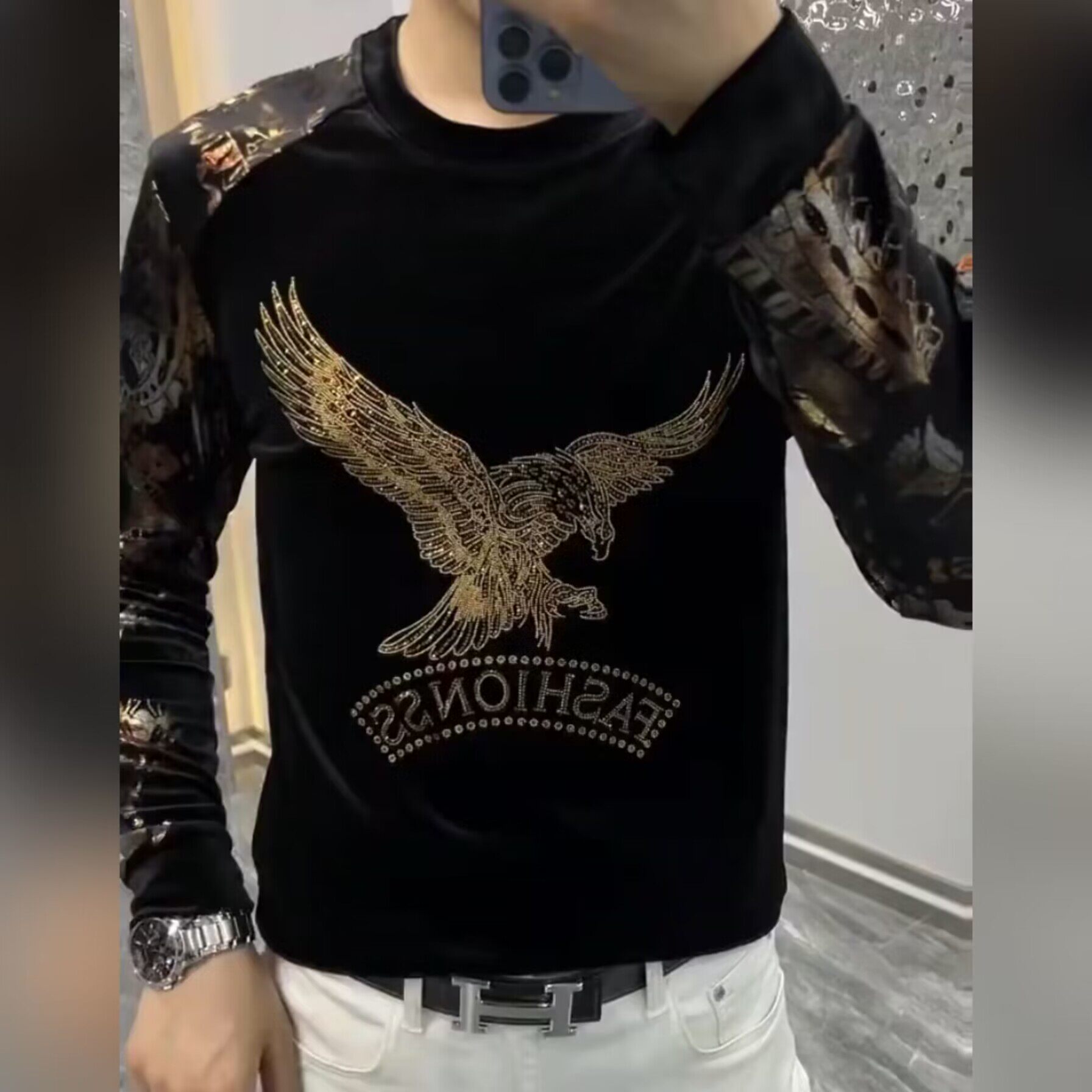 烫钻长袖小衫百搭舒适圆领T恤