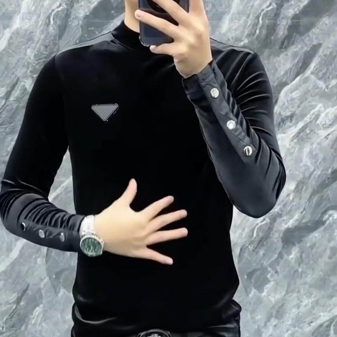 【现货】9999欧货新款金丝绒轻奢男士百搭长袖t恤修身显瘦帅气