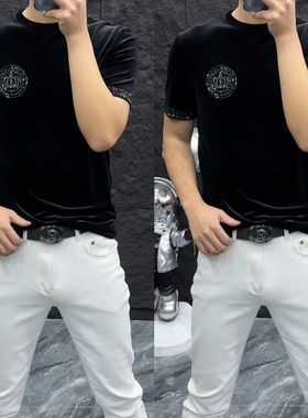 【现货】S658欧洲站秋季新款潮流金丝绒烫钻短袖T恤潮牌时尚半袖