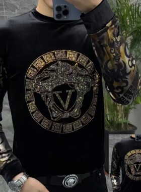 6236男士春季黑色圆领金丝绒长袖小衫烫钻烫金T恤百搭舒适潮流款