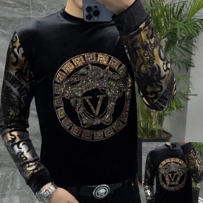 男士秋季黑色圆领长袖小衫烫钻