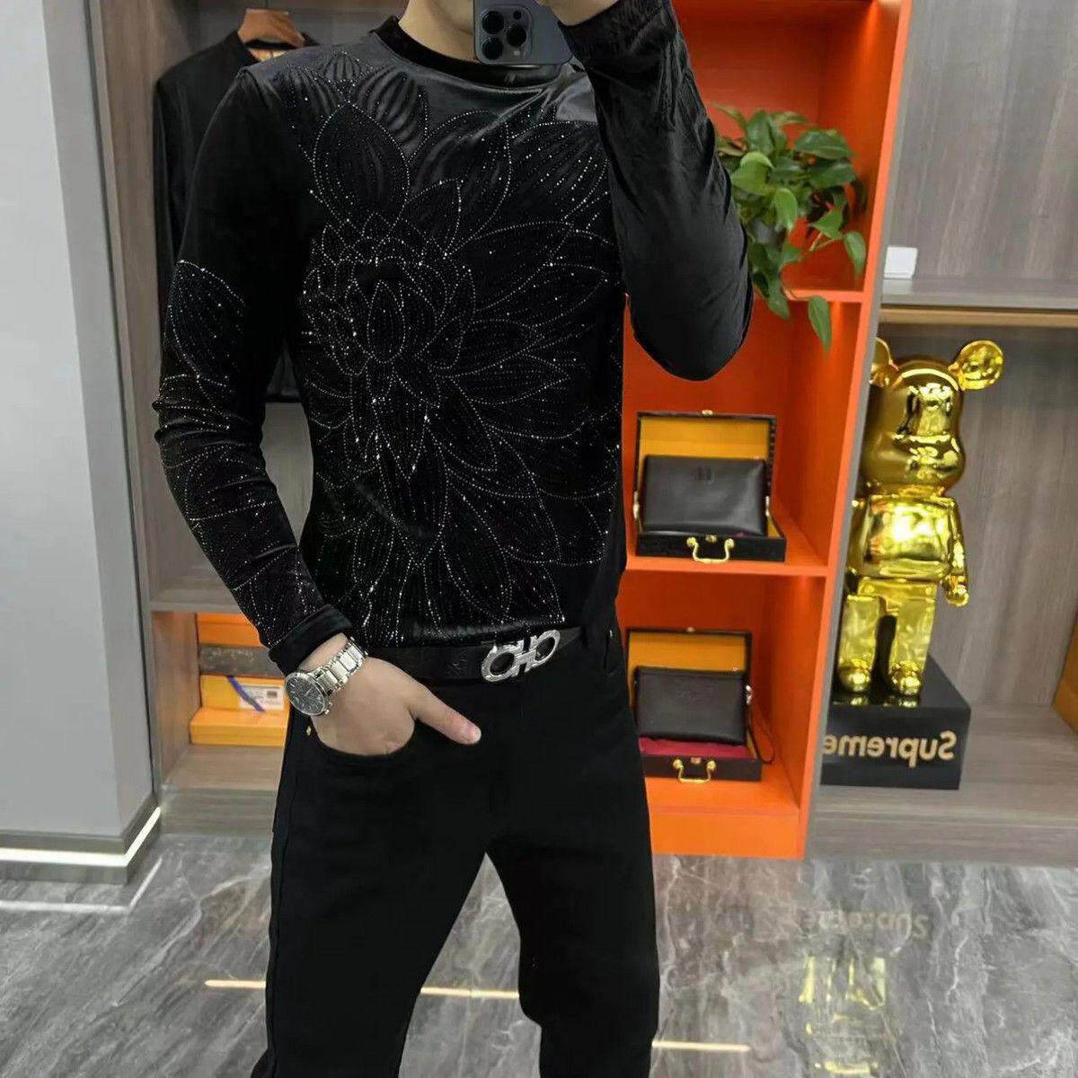 【现货】3912新款男士烫钻金丝绒长袖卫衣时尚百搭潮流个性欧货