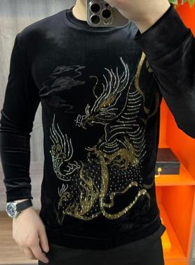 【现货】68192新款男休闲长袖时尚修身百搭圆领套头丝绒潮流打底