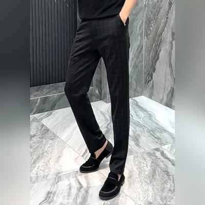 【现货】2165春季男士商务休闲小脚裤格子修身弹力百搭帅气免烫