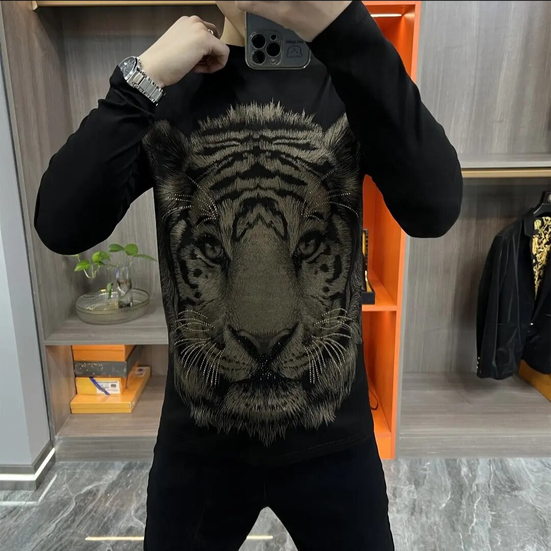 【现货】2026男士新款轻奢高品长袖t恤潮流修身圆领烫钻长袖卫衣