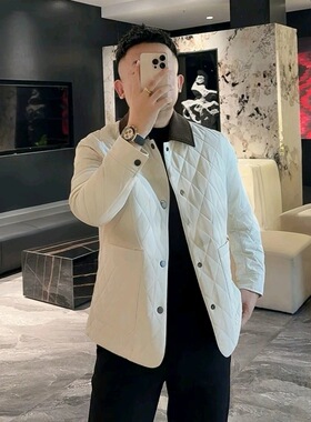 【现货】25350轻奢风菱格纹翻领棉衣男高级感撞色时尚保暖外套古
