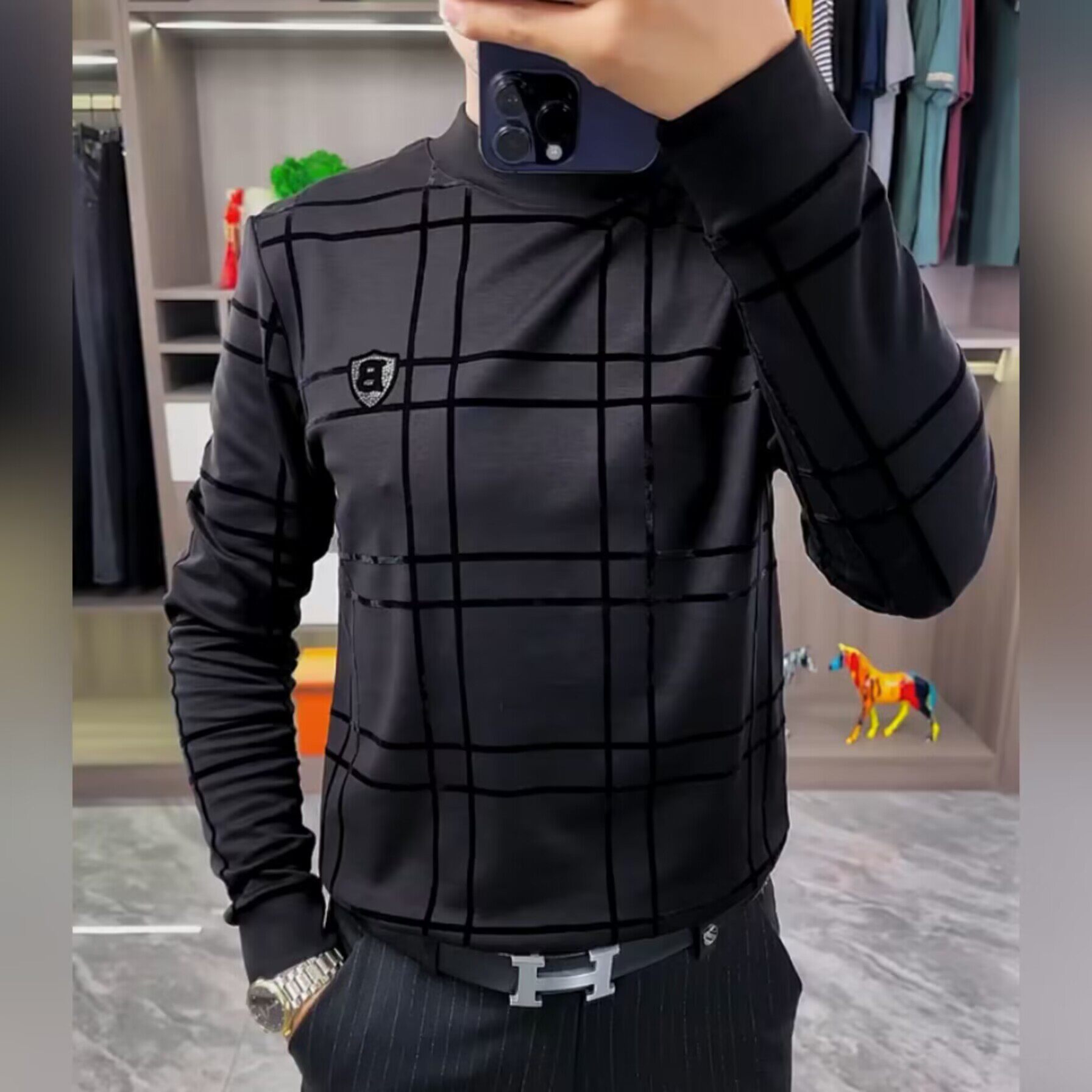 【现货】男士秋季黑色圆领烫钻小衫精品长袖T恤百搭卫衣打底衫