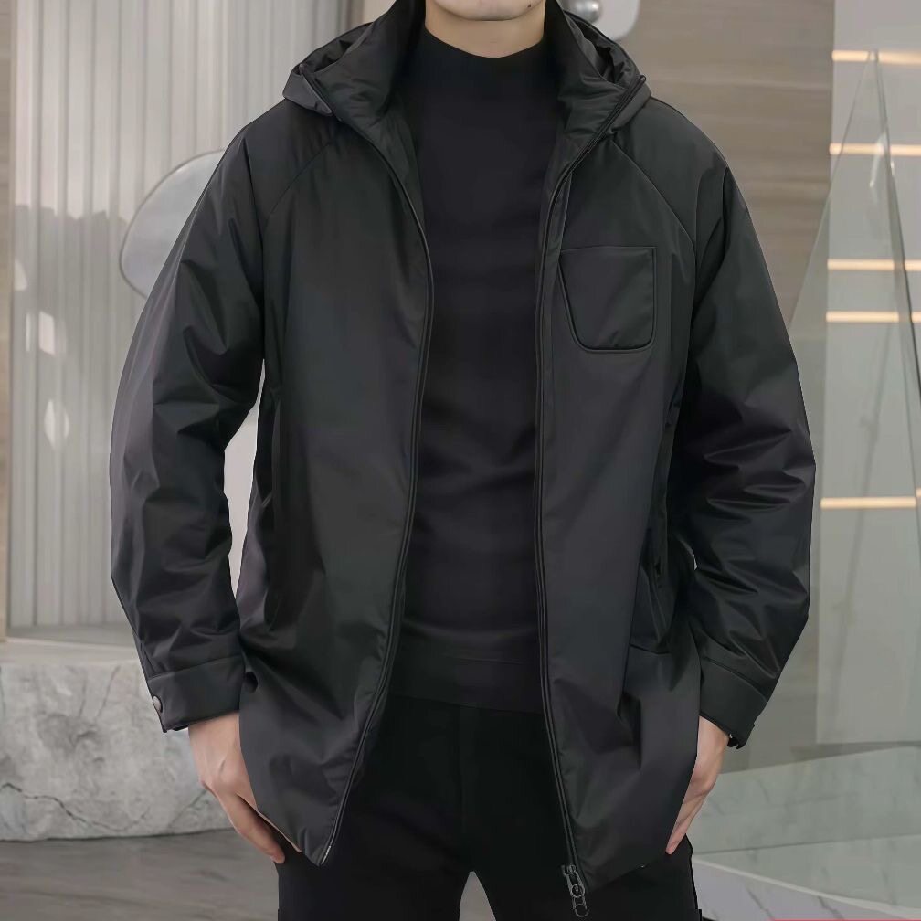 【现货】3310商务风连帽拉链棉衣男青年中长款保暖外套黑色