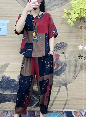加大码中老年冰丝棉麻夏季套装
