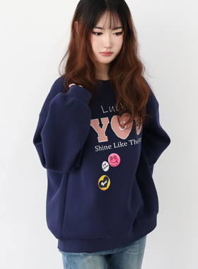 【一方服饰】韩式休闲风字母印花卫衣女宽松圆领百搭上衣藏蓝色