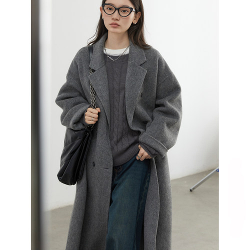 长款斜纹长毛双面毛呢大衣