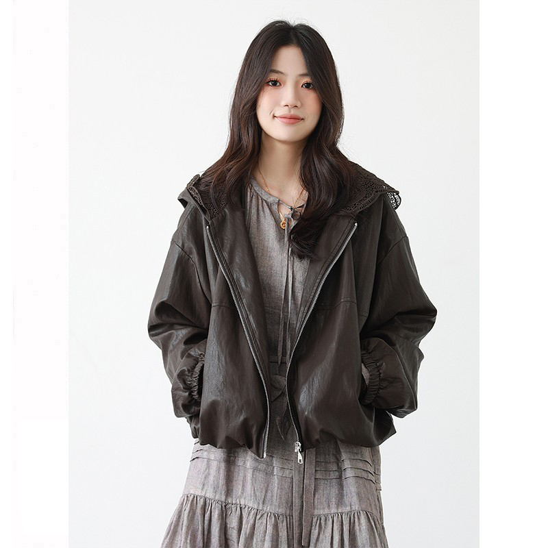 PU蛋白皮连帽皮衣夹克女