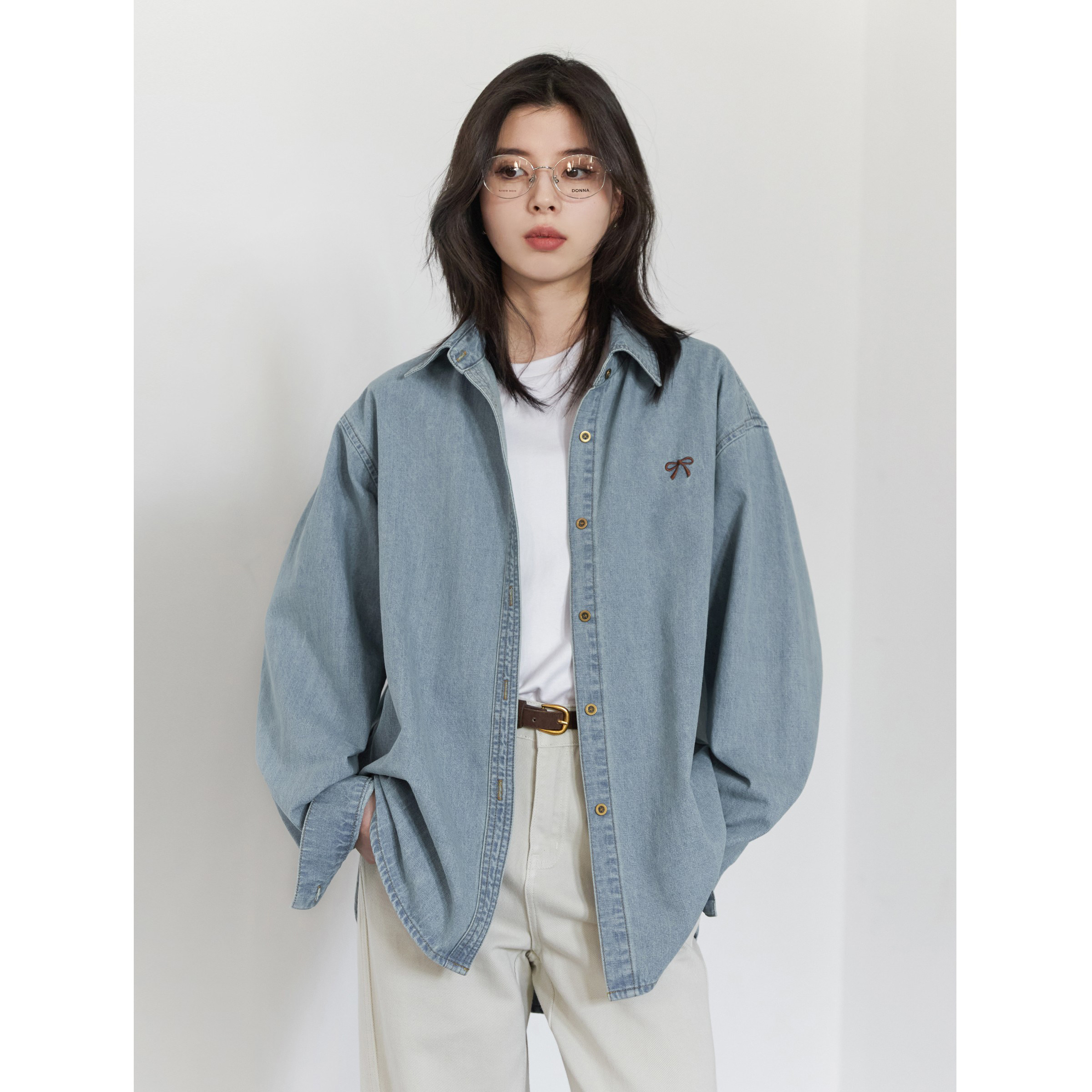 秋季新款韩系蝴蝶结刺绣牛仔衬衫叠穿复古蓝色质感衬衣女