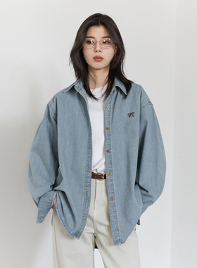 秋季新款韩系蝴蝶结刺绣牛仔衬衫叠穿复古蓝色质感衬衣女