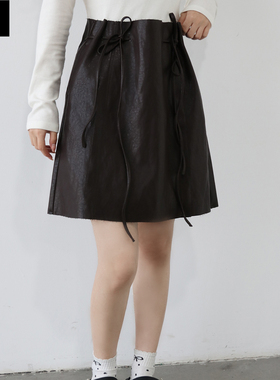 【一方服饰】复古风高腰系带百褶半身裙女黑色A字短裙学院风