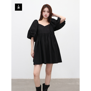 【一方服饰】6.11百搭通勤风V领泡泡袖A字连衣裙女显瘦高腰连衣裙