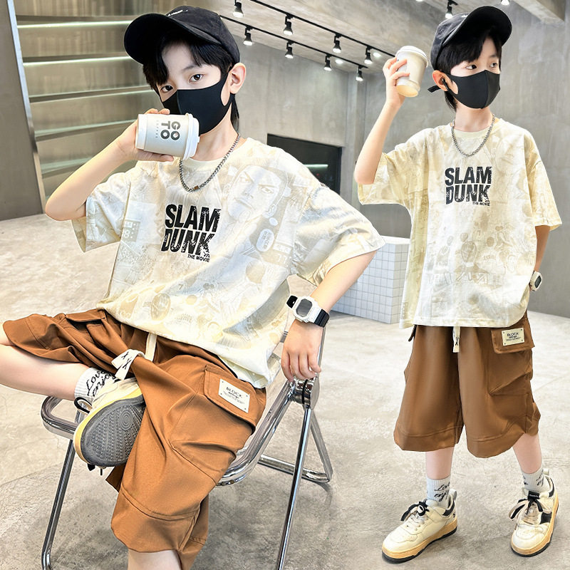 左西官方正品男童夏季短袖套装纯棉新款满印灌篮高手中大童套装潮