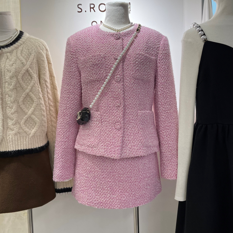 SROOM 高级感小香风两件套套装女2022秋冬季单排扣针织开衫+A字裙