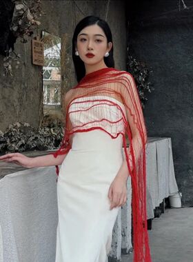 新娘新款欧美废土风性感小众百搭披纱镂空网纱披肩白色破洞时尚