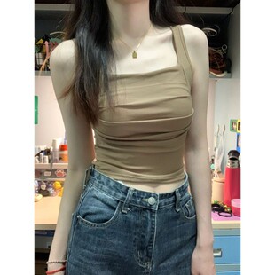 T恤内搭短款 显瘦甜辣妹方领无袖 上衣 褶皱吊带背心女美背修身 夏季