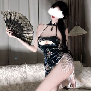 150小矮个子人间富贵花改良丝绒旗袍内衣性感纯欲睡衣家居服xxs码
