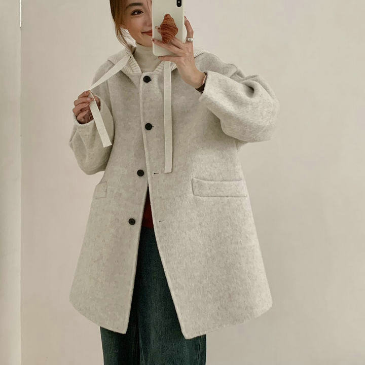 2025冬季新款时尚拼接毛线帽羊绒大衣女宽松休闲中长款羊毛呢外套