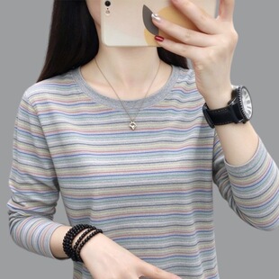 休闲条纹长袖t恤女2026春秋新款胖妈妈装打底衫宽松大码上衣内搭