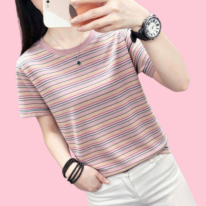 纯棉条纹短袖T恤女装2026新款夏装中老年妈妈大码宽松正肩上衣服图片