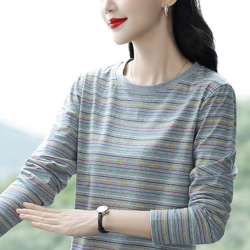 纯棉长袖条纹T恤女新款秋装大码宽松洋气妈妈上衣打底衫圆领内搭