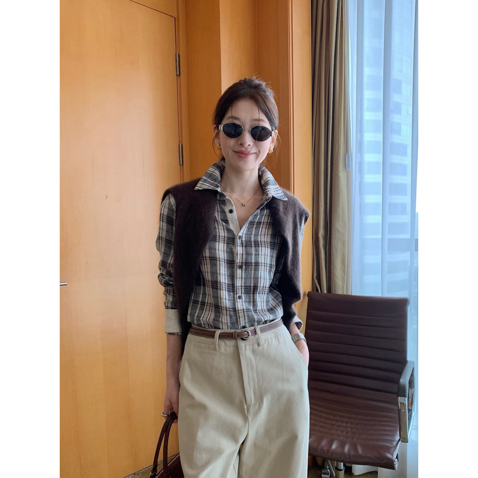 纯亚麻拼色格子长袖衬衫