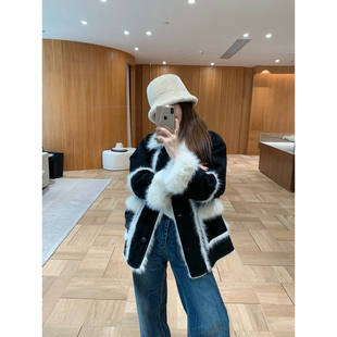 EASE冬季时髦麂皮不压身皮毛一体长袖纽扣外套女百搭厚款保暖上衣