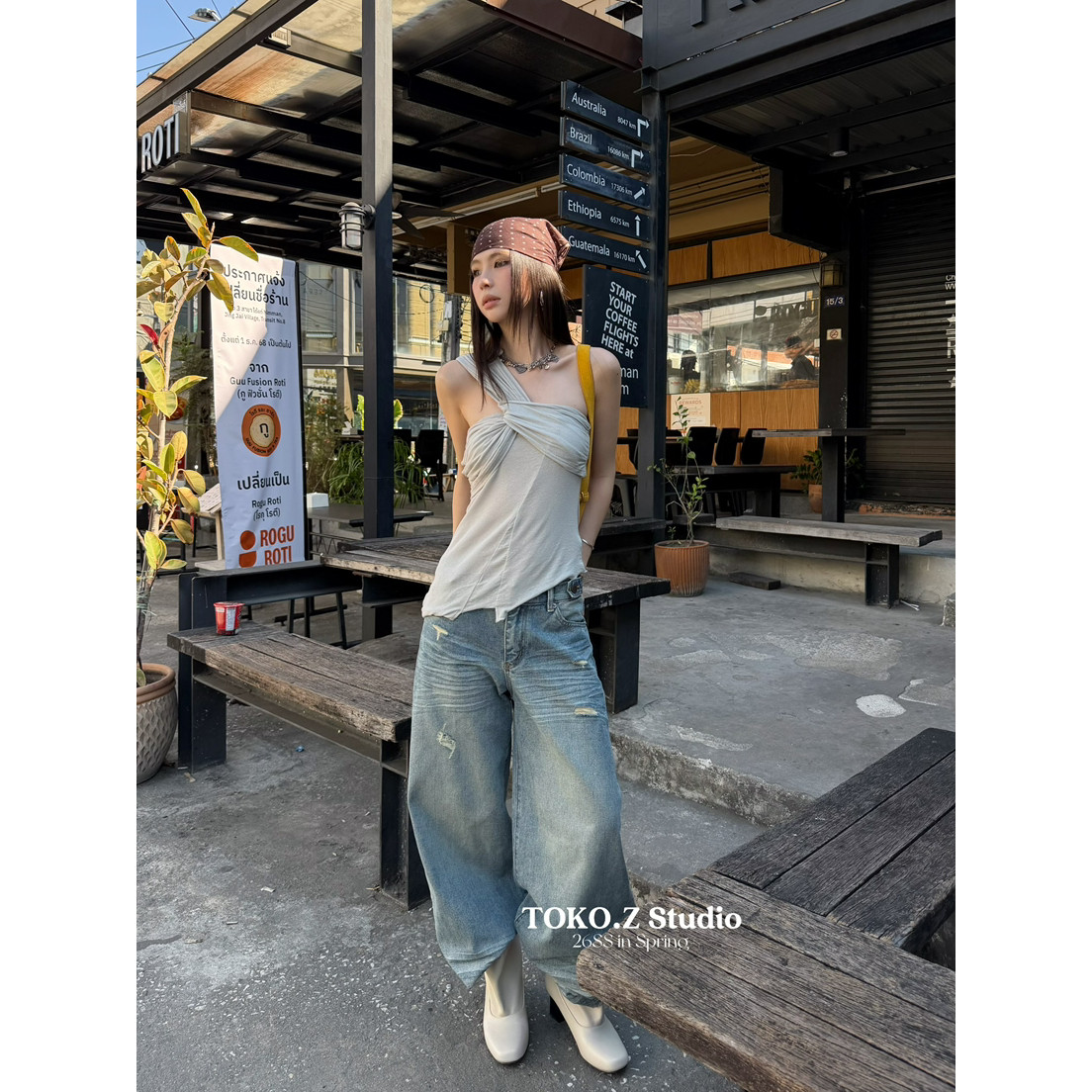 TOKO.Z夏季美式复古交叉绑带设计感抹胸吊带背心女辣妹不规则上衣