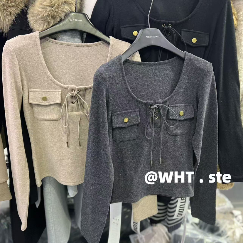 WH JIA冬季时髦绑带方领加绒长袖T恤女百搭辣妹厚款打底衫上衣潮
