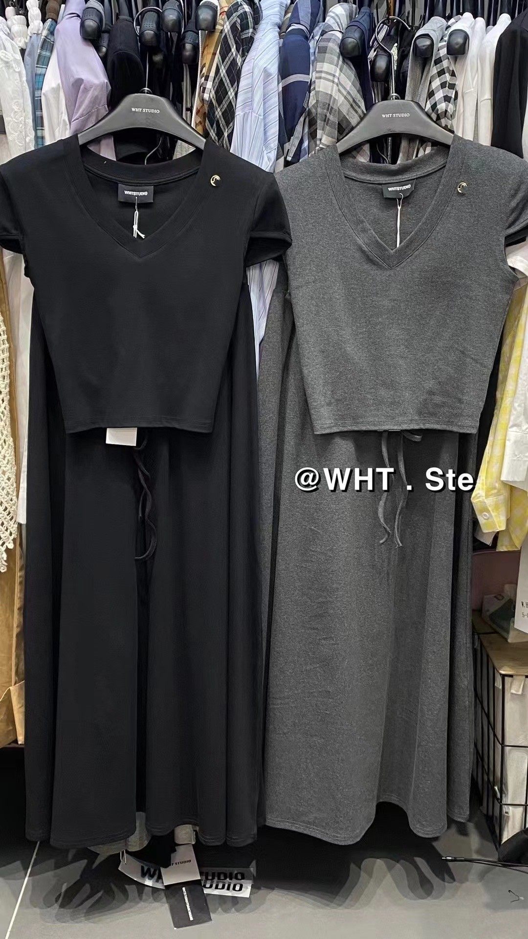 WH JIA夏季时尚金属标短袖露背绑带上衣+高腰a字半身裙两件套装女