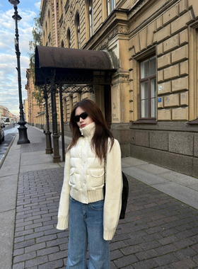 EASE冬季韩版时髦双口袋立领90白鸭绒拼接针织长袖羽绒服外套女潮