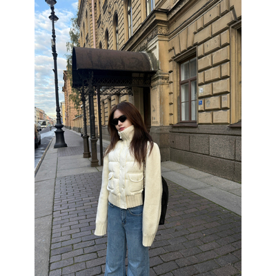 90白鸭绒拼接针织长袖羽绒服外套