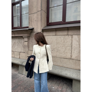 EASE冬季小香风时髦收腰长袖羊毛纽扣外套女百搭质感简约厚款开衫