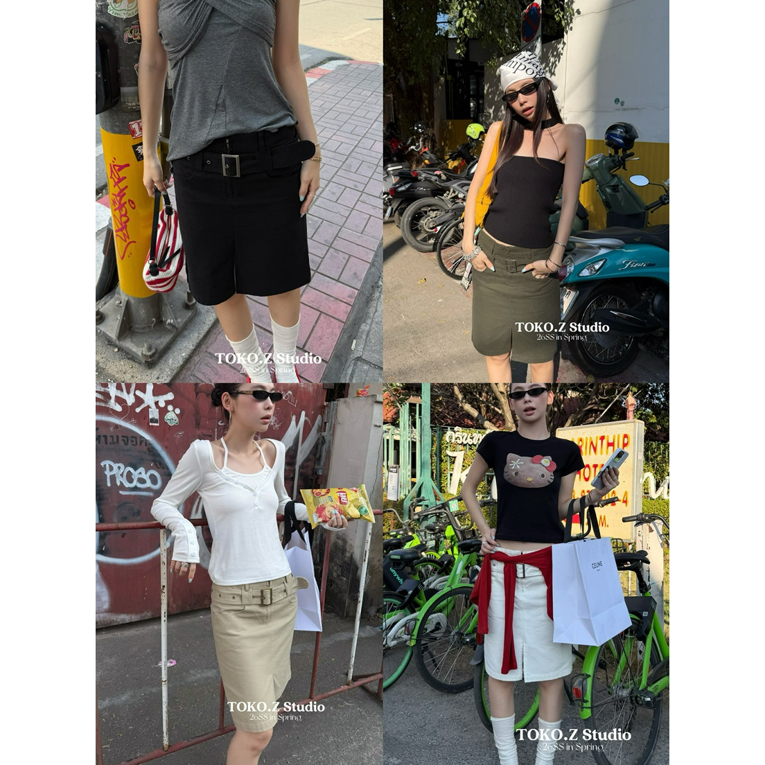 TOKO.Z春夏简约百搭纯色水洗直筒半身裙女高腰显瘦开叉腰带中裙子