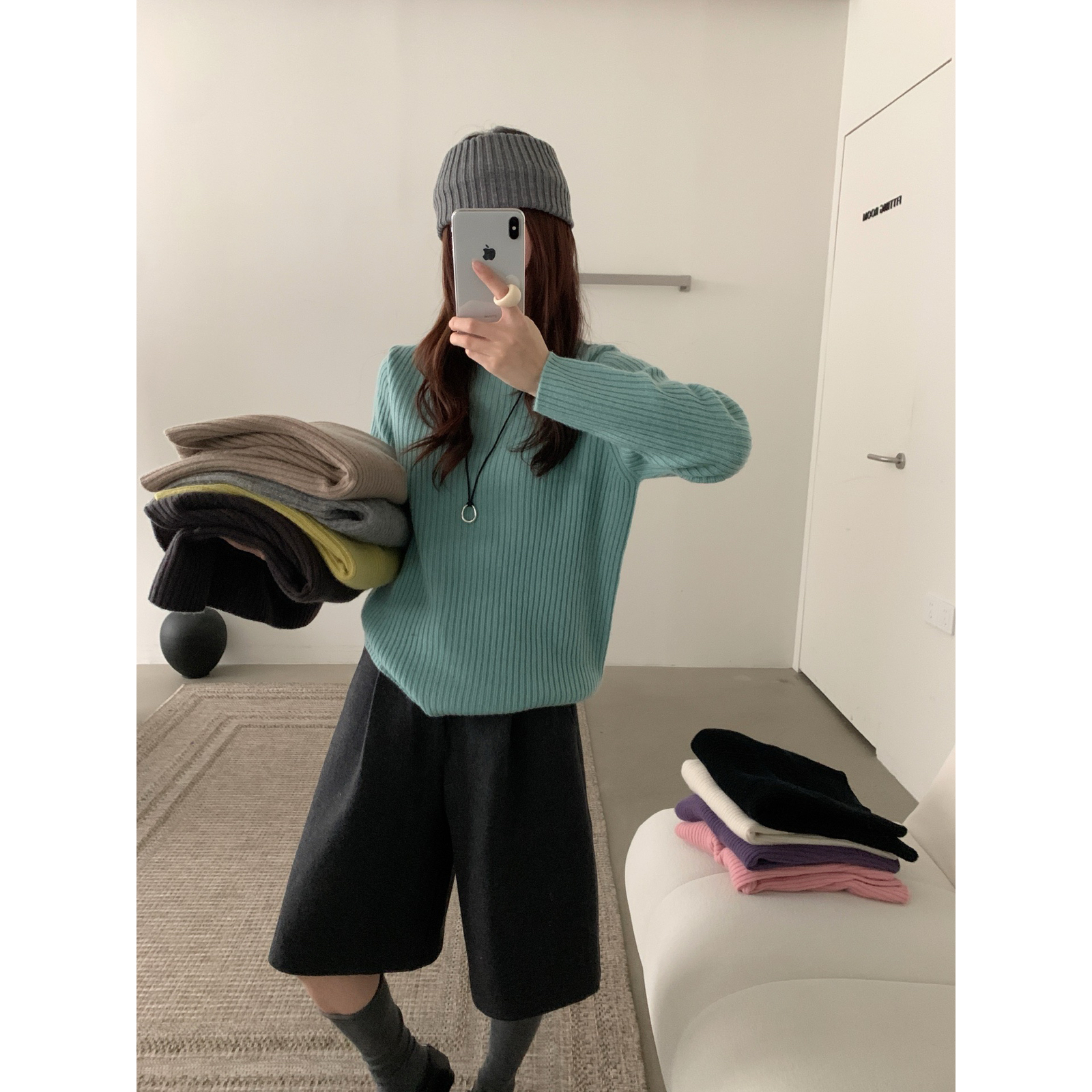 软糯无缝一体半高领长袖针织衫