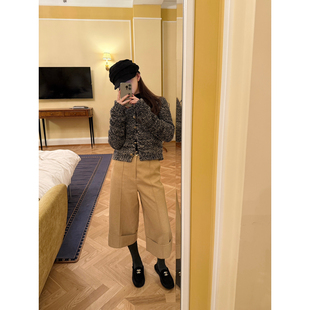 EASE冬季韩版斜纹净版羊毛高腰直筒休闲裤女厚款呢料保暖八分裤子