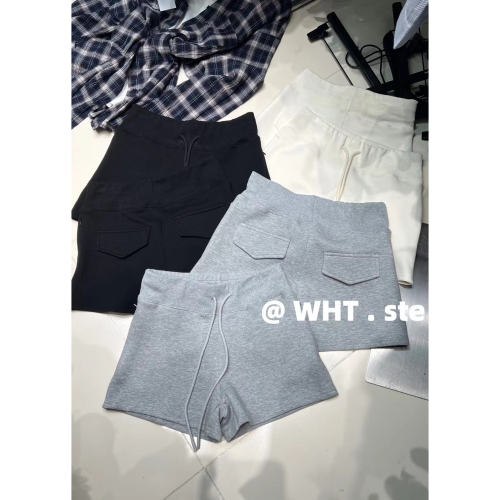 时髦净版假口袋高腰系带休闲短裤