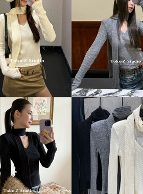 TOKO.Z冬季时髦v领麻花长袖针织衫女百搭辣妹修身垫肩围巾毛衣潮