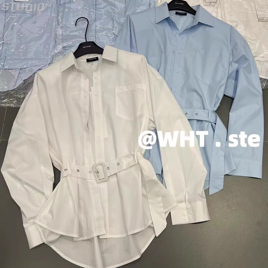 WH JIA春季韩系时髦净版口袋长袖衬衫女百搭宽松中长腰带衬衣上衣