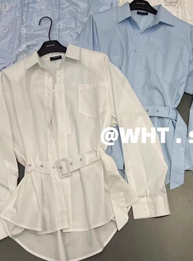 WH JIA春季韩系时髦净版口袋长袖衬衫女百搭宽松中长腰带衬衣上衣