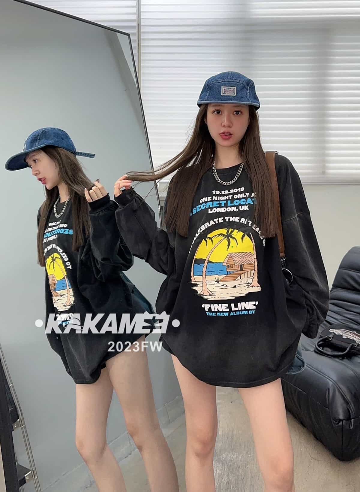 复古字母椰树喷画渐变长袖T恤