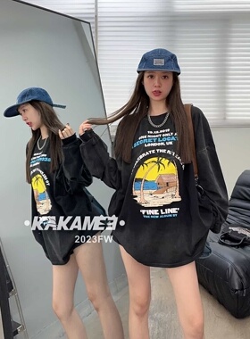 KAKAMEE早秋2023美式复古字母椰树喷画渐变长袖T恤女宽松百搭上衣