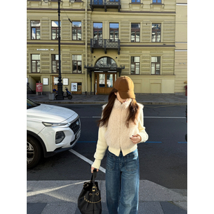 EASE冬季韩版时髦拼接仿皮草羊毛针织长袖外套女百搭短款拉链开衫