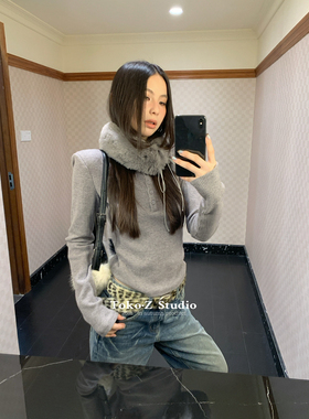 TOKO.Z冬季韩版半纽扣圆领长袖垫肩T恤女百搭加绒围脖修身上衣潮