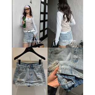 TOKO.Z春季复古风做旧毛边磨破牛仔半身裙女百搭水洗a字短裙子潮